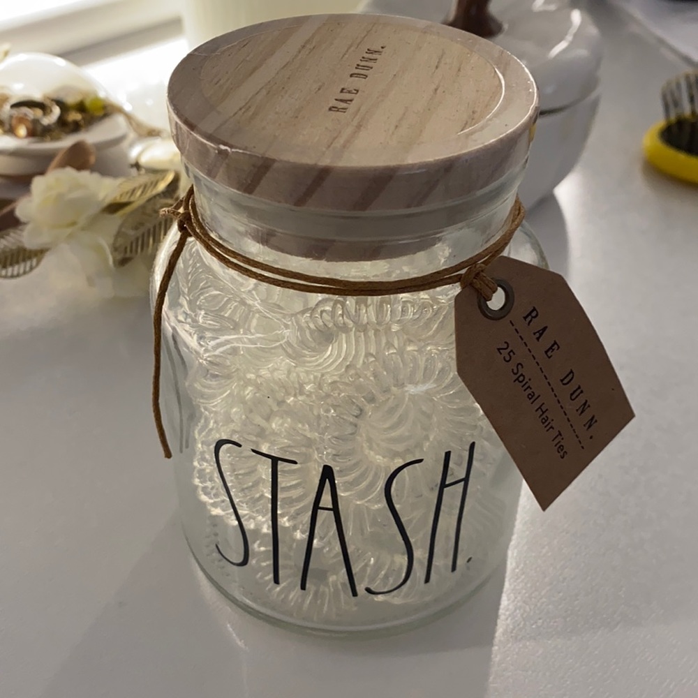 Rae Dunn stash jar with clear hair ties